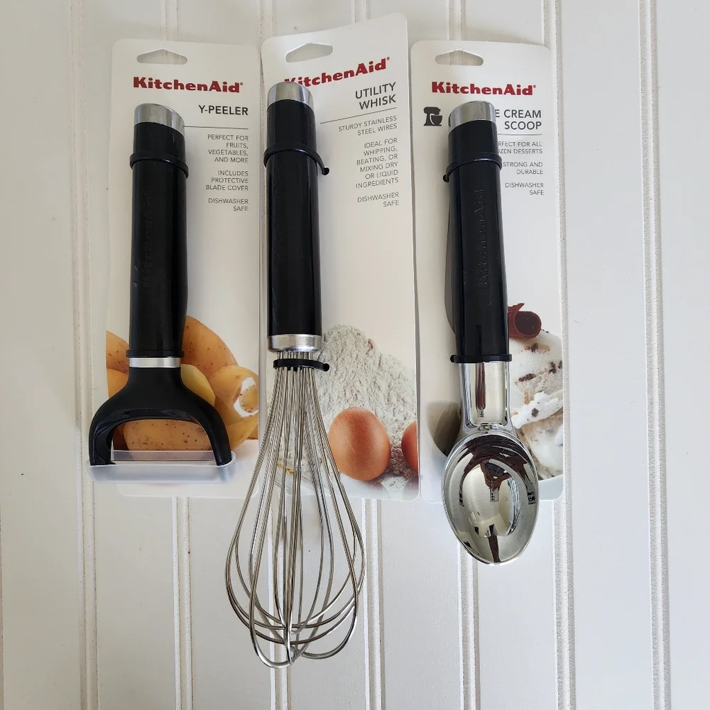 KitchenAid Prep utility Whisk , ice cream scoop, y- peeler in black kitc…
